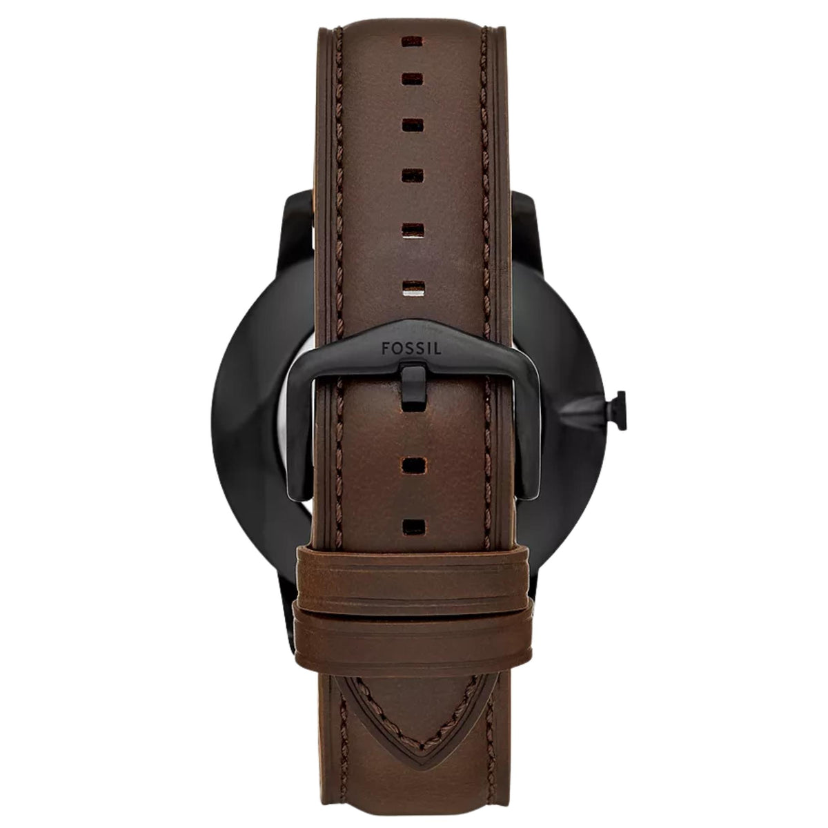 Rear view of Fossil Minimalist FS5551 brown leather strap featuring the black pin buckle and stitched detailing