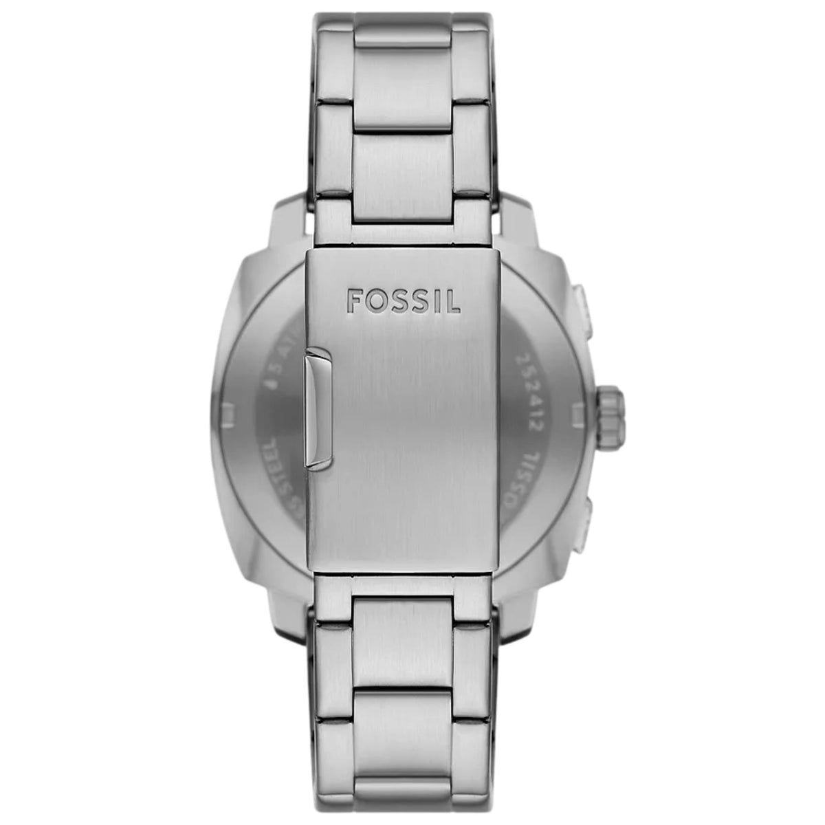 Fossil Machine FS6096 stainless steel caseback and bracelet clasp detail