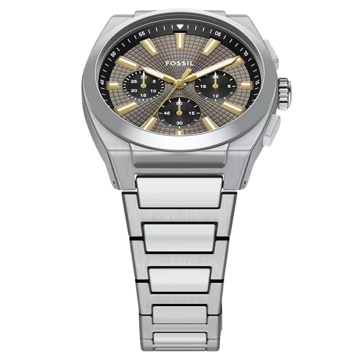 Fossil Everett FS6128 gray textured dial and gold-tone indices front angle view