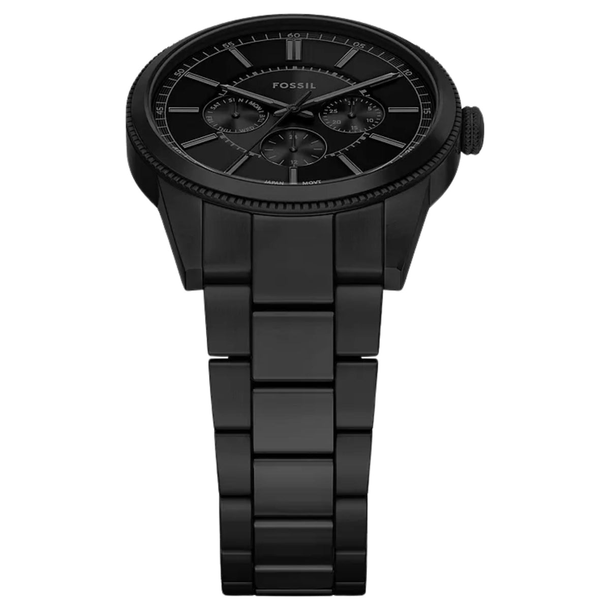 Fossil Pearson FS6135 angled front view with black steel bracelet link detail