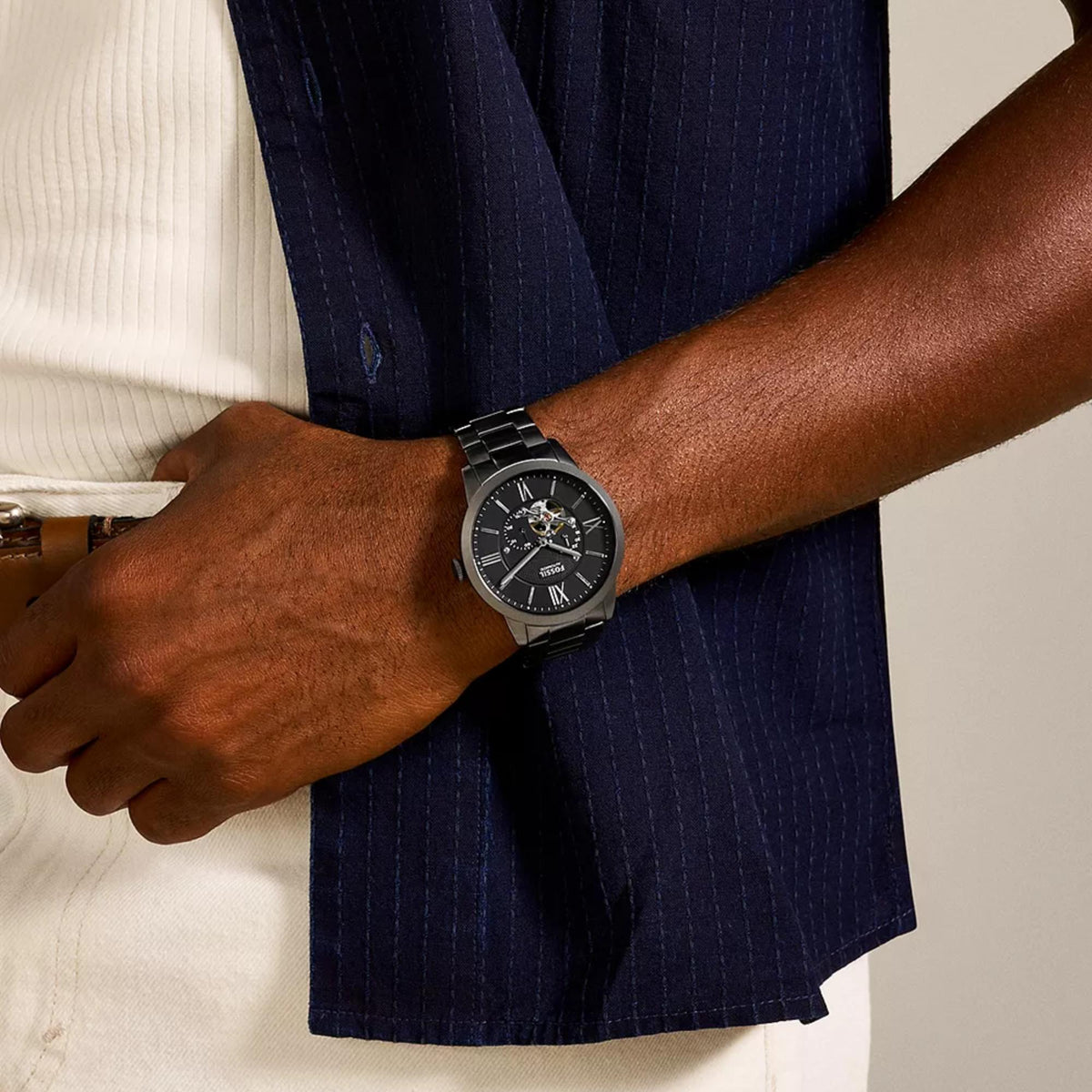 Fossil Townsman 44mm ME3172 black automatic watch on wrist lifestyle view