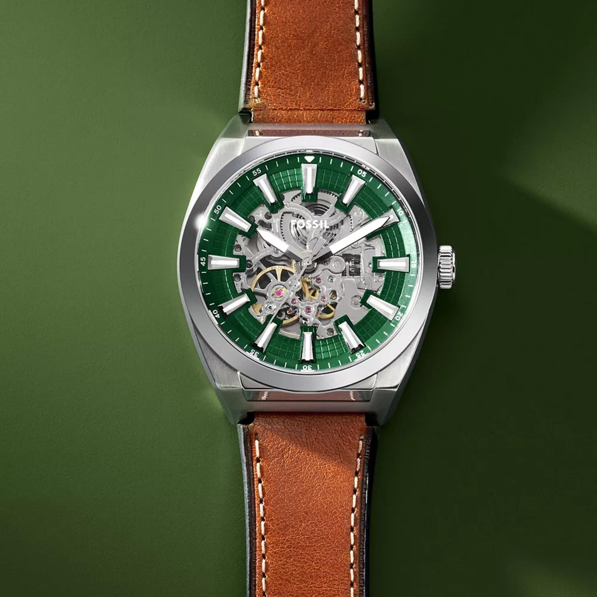 Fossil Everett green dial skeleton leather mens automatic watch ME3261