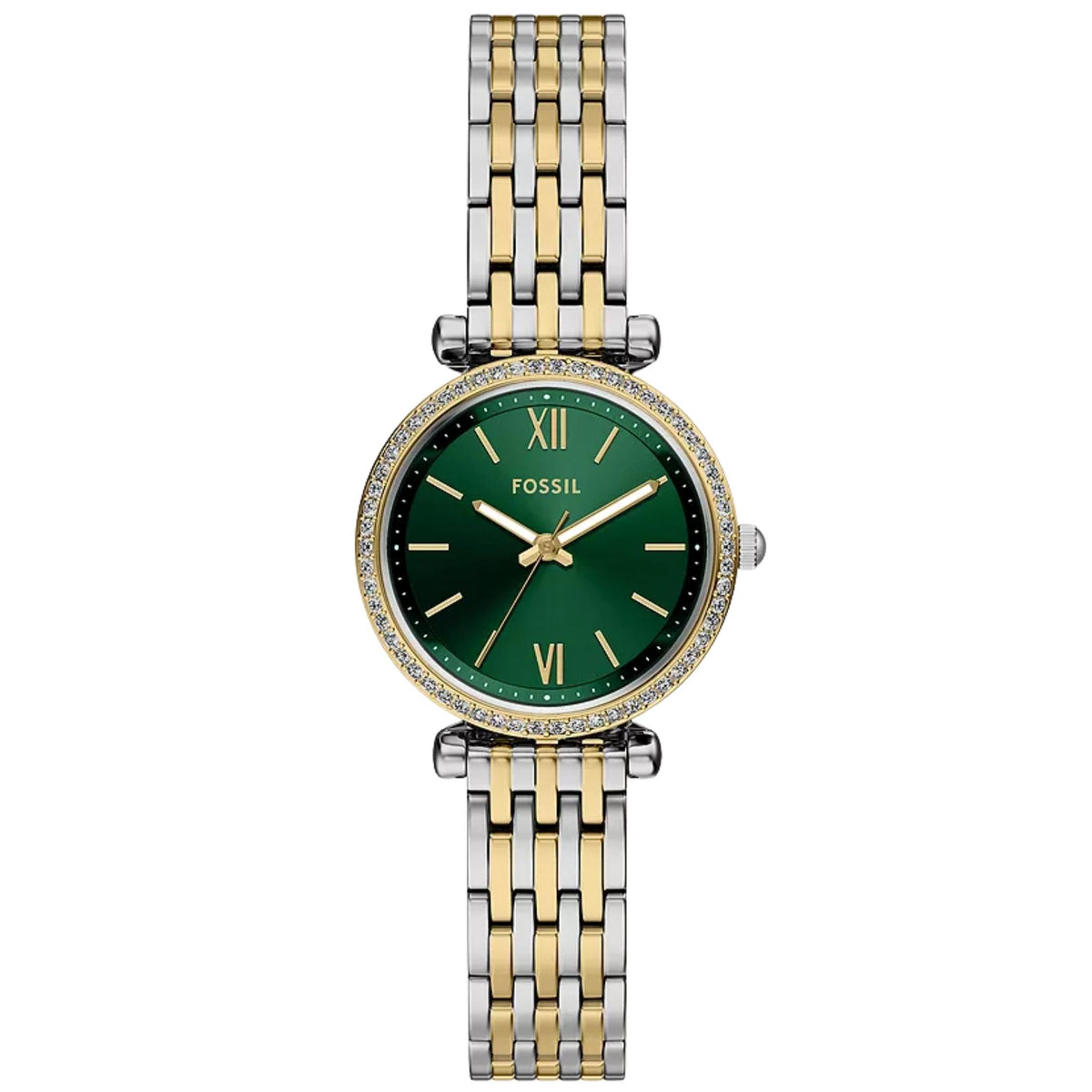 Fossil Carlie ES5439 green dial front view with two-tone stainless steel bracelet