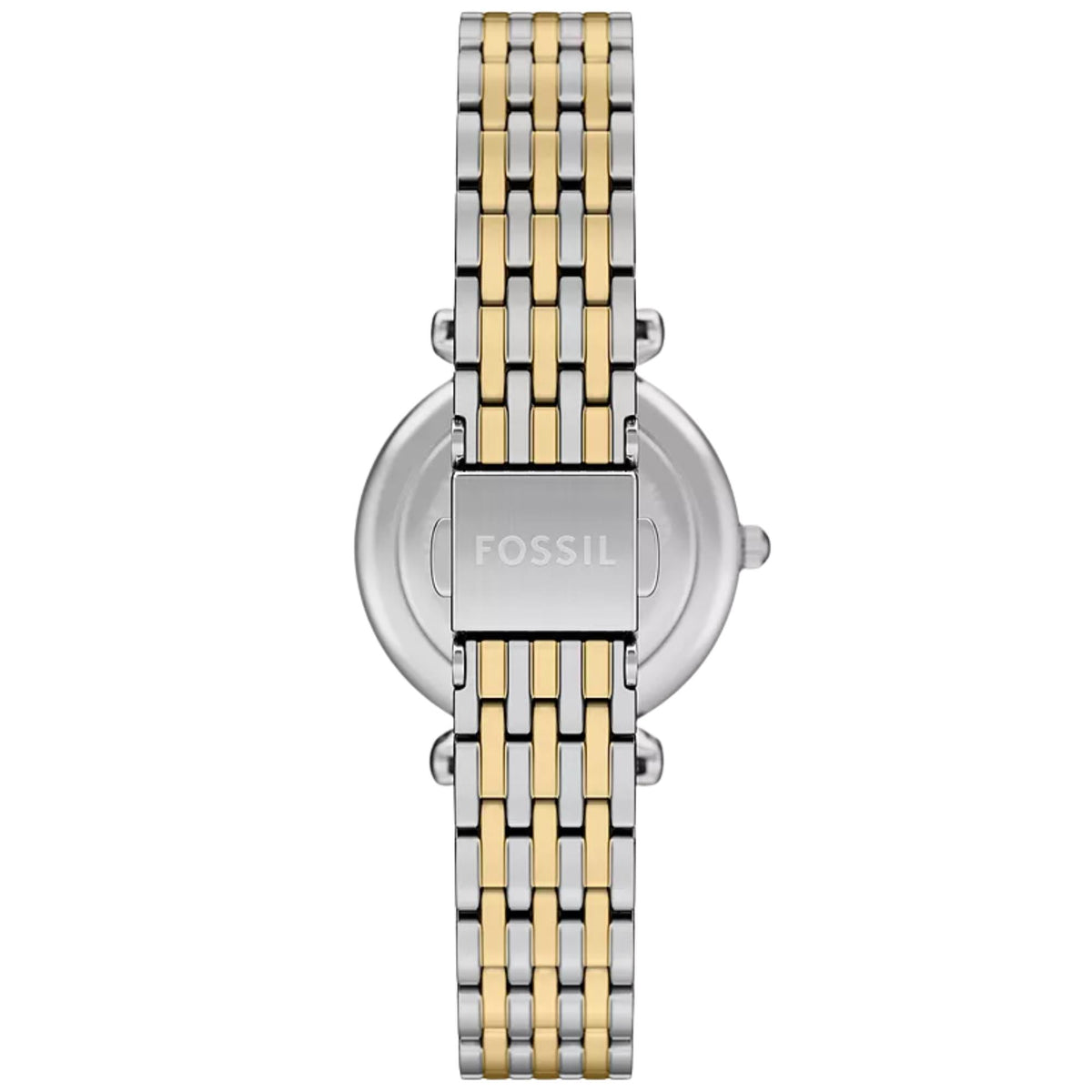 Fossil Carlie ES5439 two-tone stainless steel bracelet and engraved clasp detail