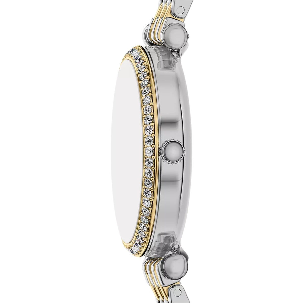 Fossil Carlie ES5439 side profile view showing crystal-embellished bezel and crown