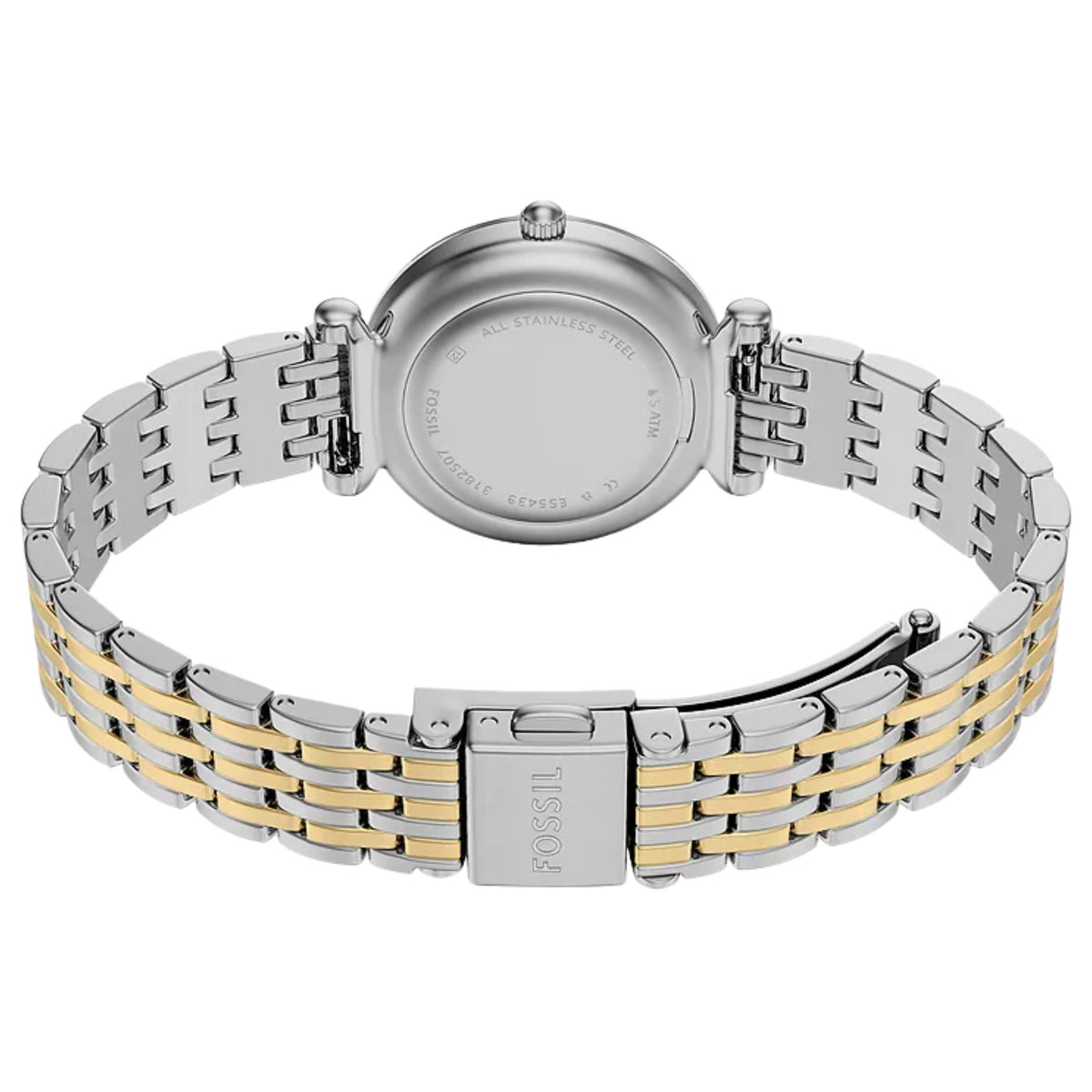 Fossil Carlie ES5439 stainless steel caseback and open bracelet clasp view