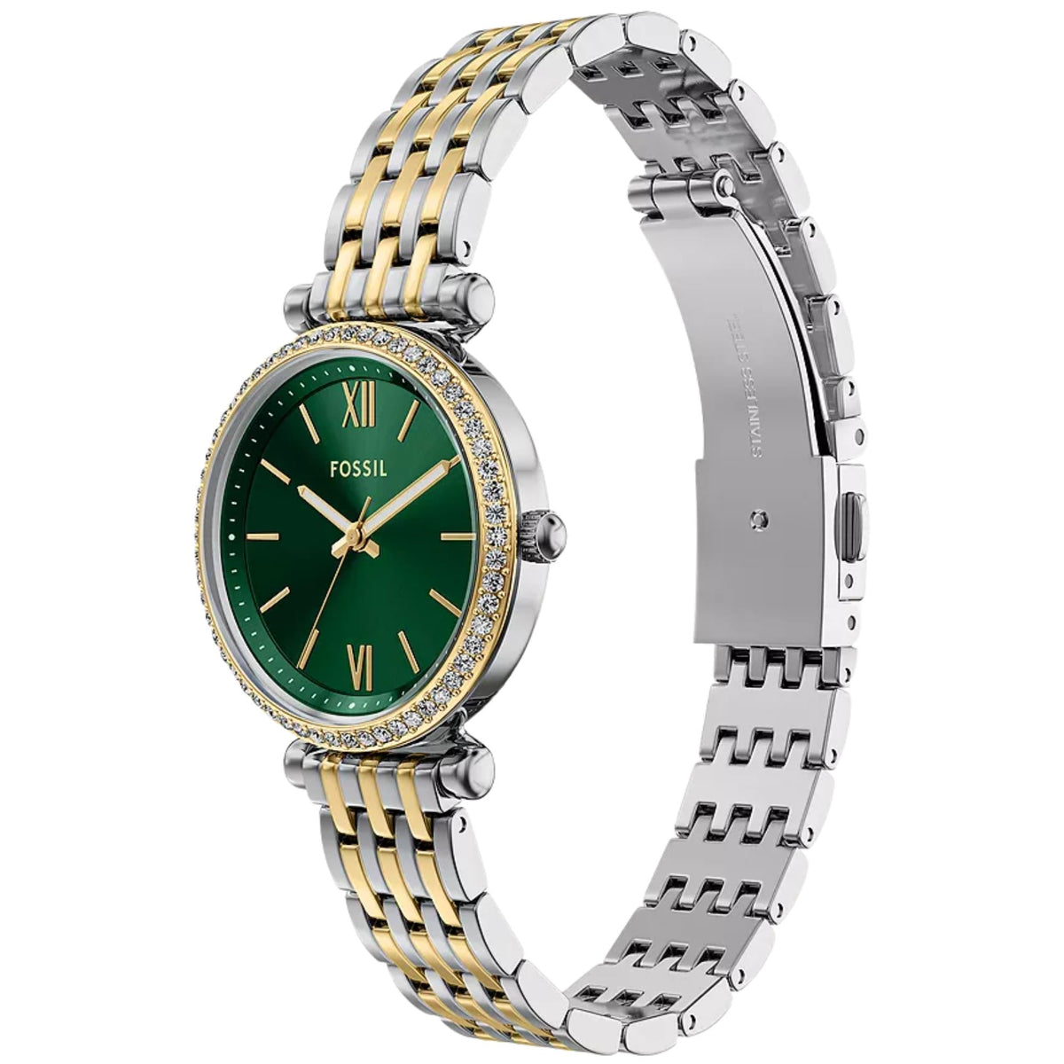 Fossil Carlie ES5439 green dial perspective view with open deployment clasp