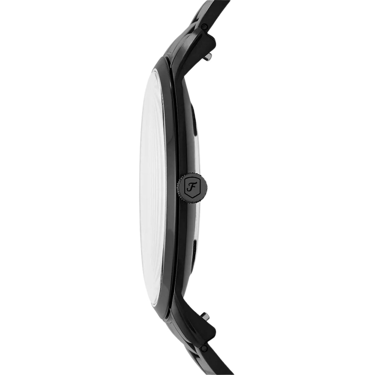 Fossil Minimalist FS5308 ultra-thin black stainless steel case side profile view showing signed crown