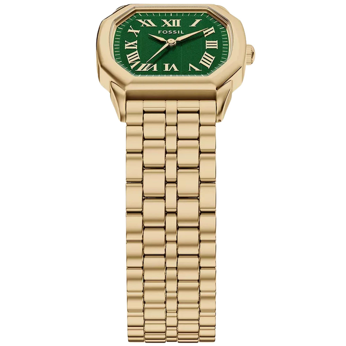 Vertical front angle showing the octagonal bezel design and gold-tone bracelet of the Fossil Harlow ES5451 watch