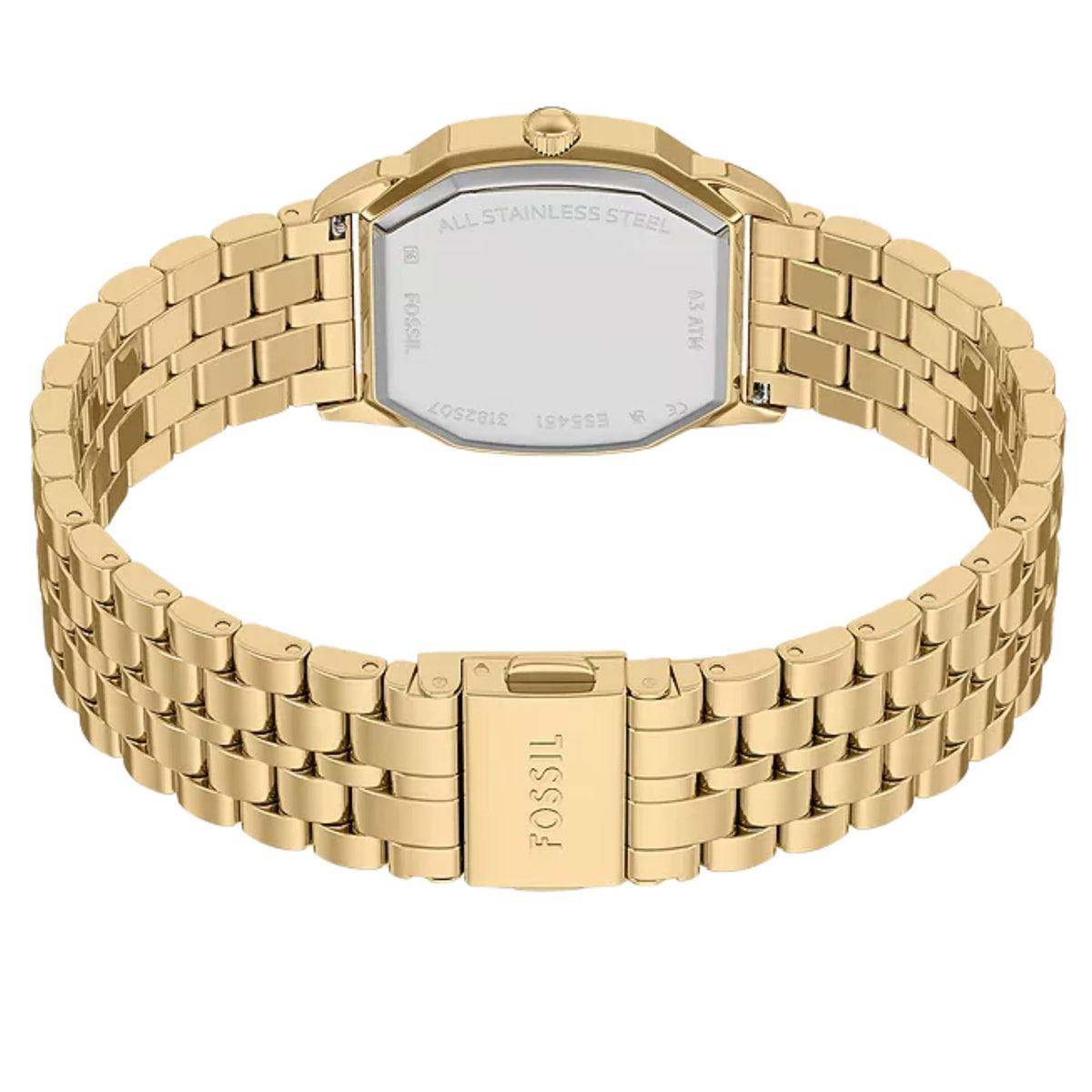 Rear perspective view displaying the inner band and folding clasp of the Fossil Harlow ES5451 watch