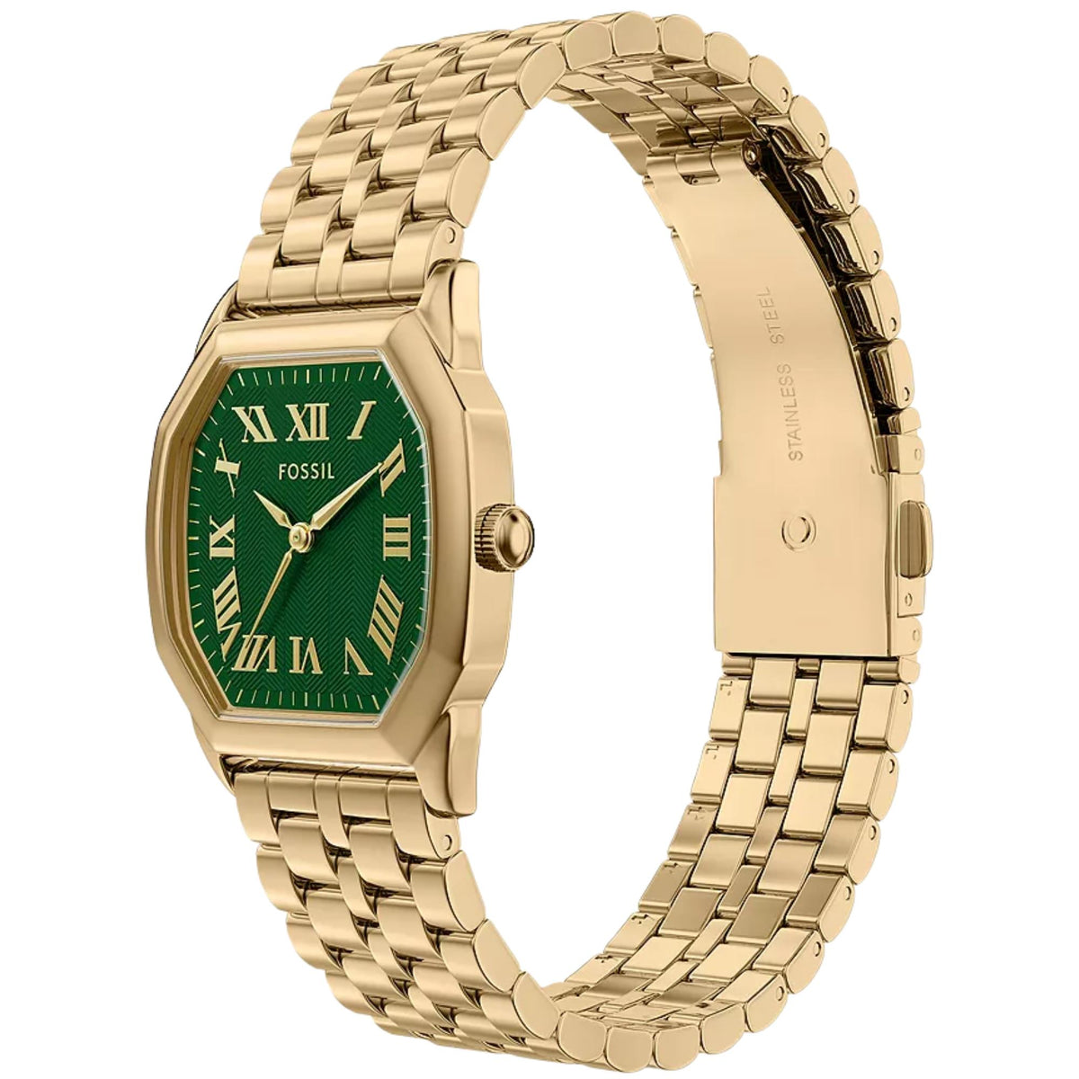 Three-quarter perspective of the Fossil Harlow ES5451 model showcasing the textured green dial with Roman numeral indices