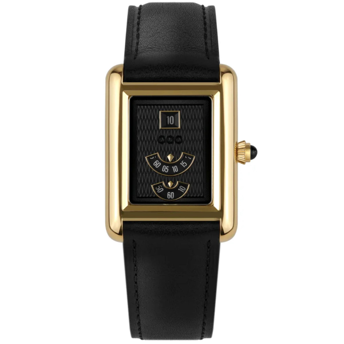 Automatic wristwatch with rectangular gold case, black dial, and black leather strap