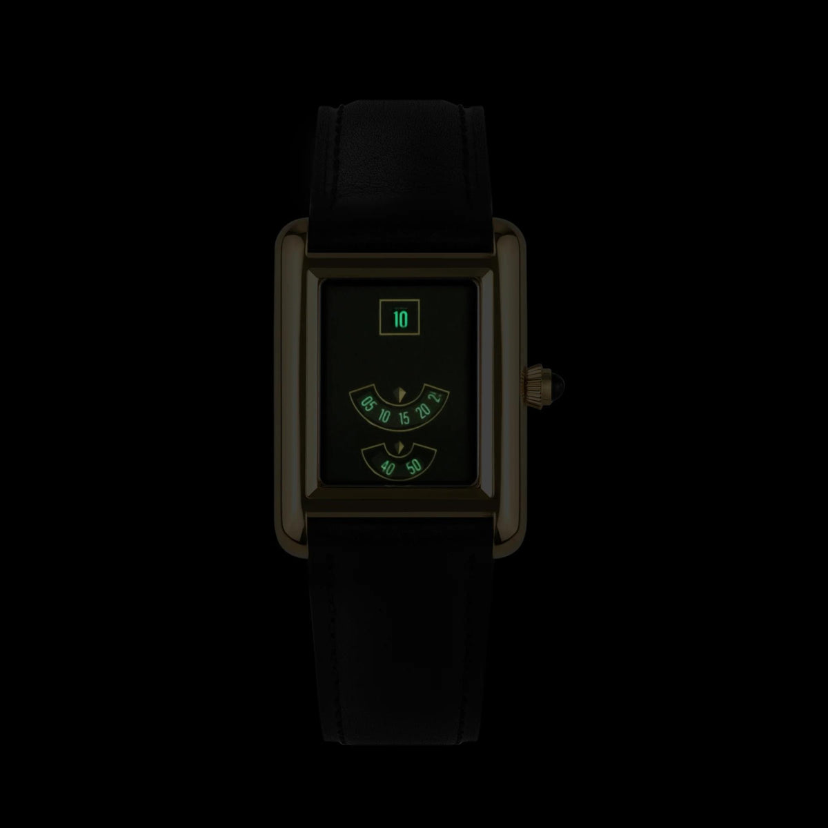 Automatic wristwatch front view: gold rectangular case, black dial, black leather strap