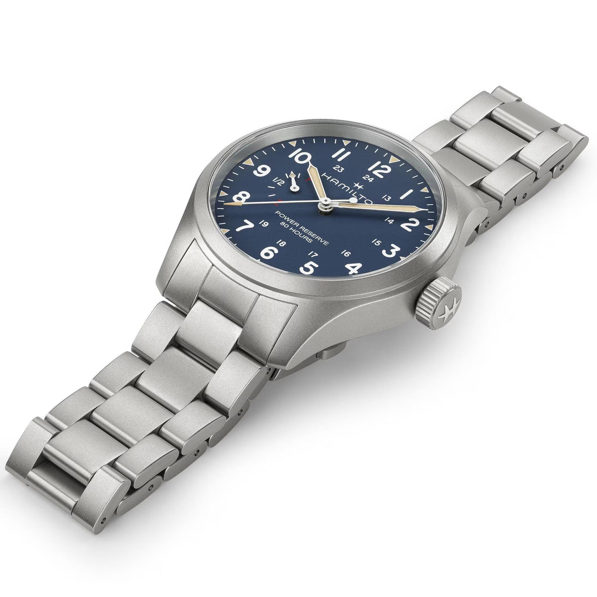 Steel bracelet watch with blue dial, gold hands, and crown on round case