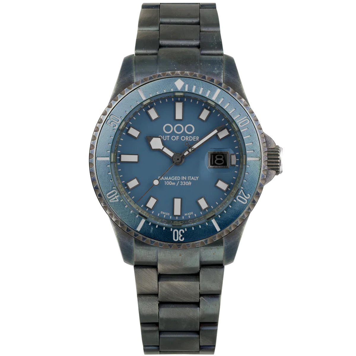 Men's quartz wristwatch with blue dial and steel bracelet, rotating bezel and markers