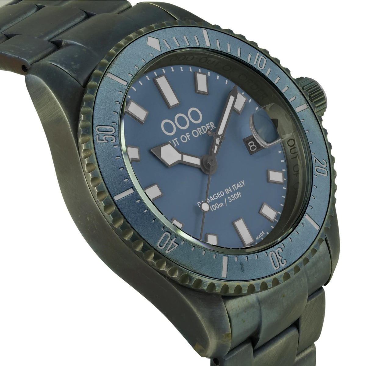 Men's quartz wristwatch close-up on blue dial, hour markers and textured bezel