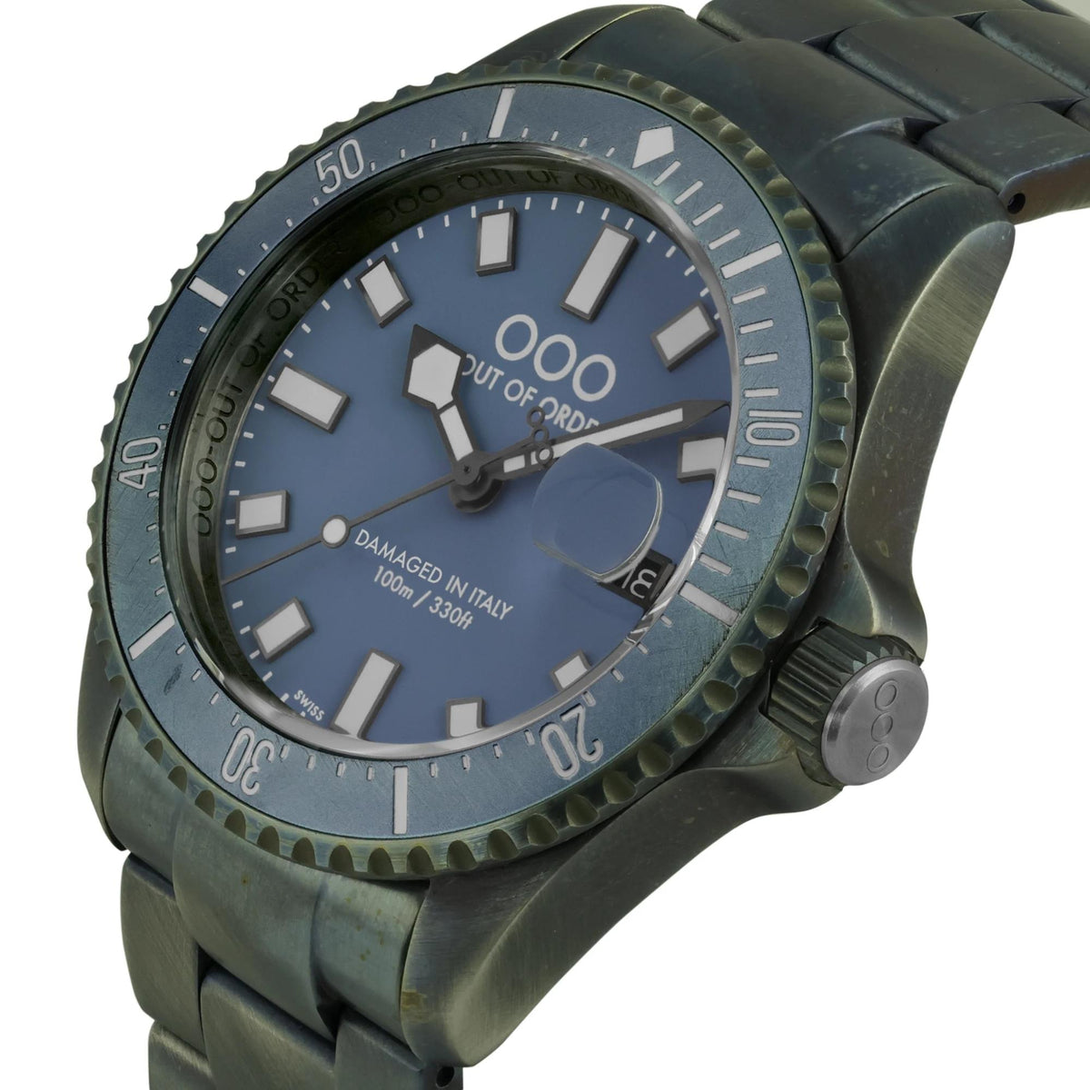Men's quartz wristwatch with blue dial, date window, and crown on dark case