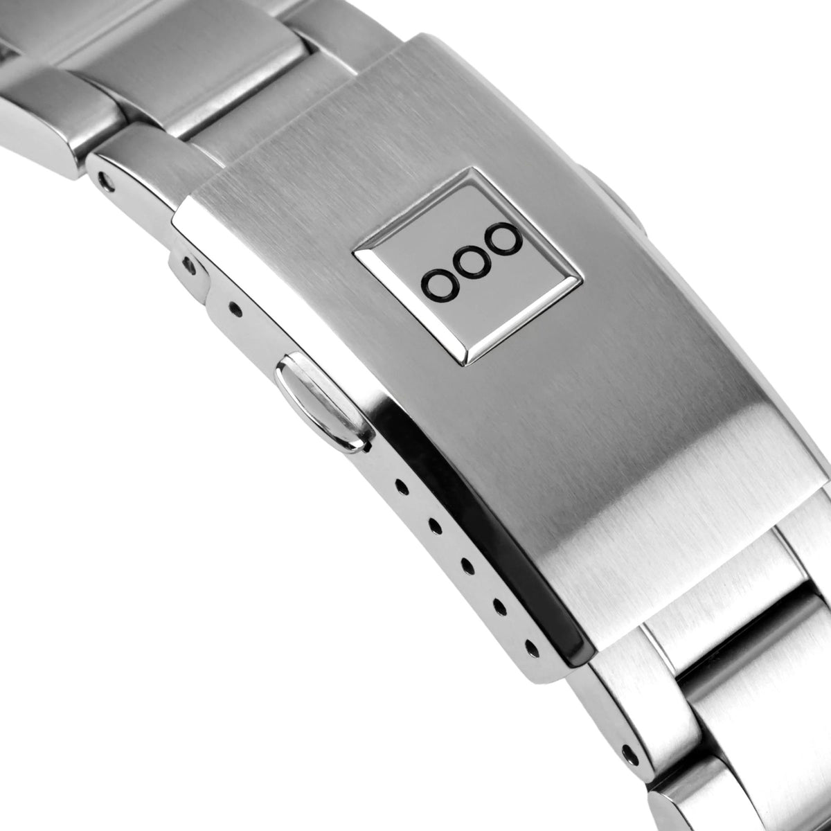 Steel bracelet clasp close-up with square OO logo and engraved details