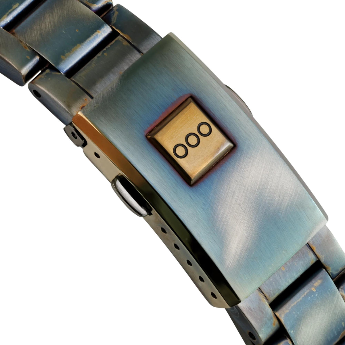 Men's automatic wristwatch clasp with rectangular gold-toned insert on steel bracelet