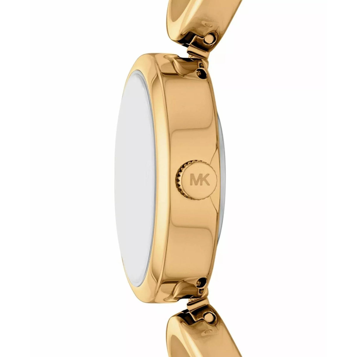 Michael Kors Maude MK4957 stainless steel case side view and MK engraved crown close up