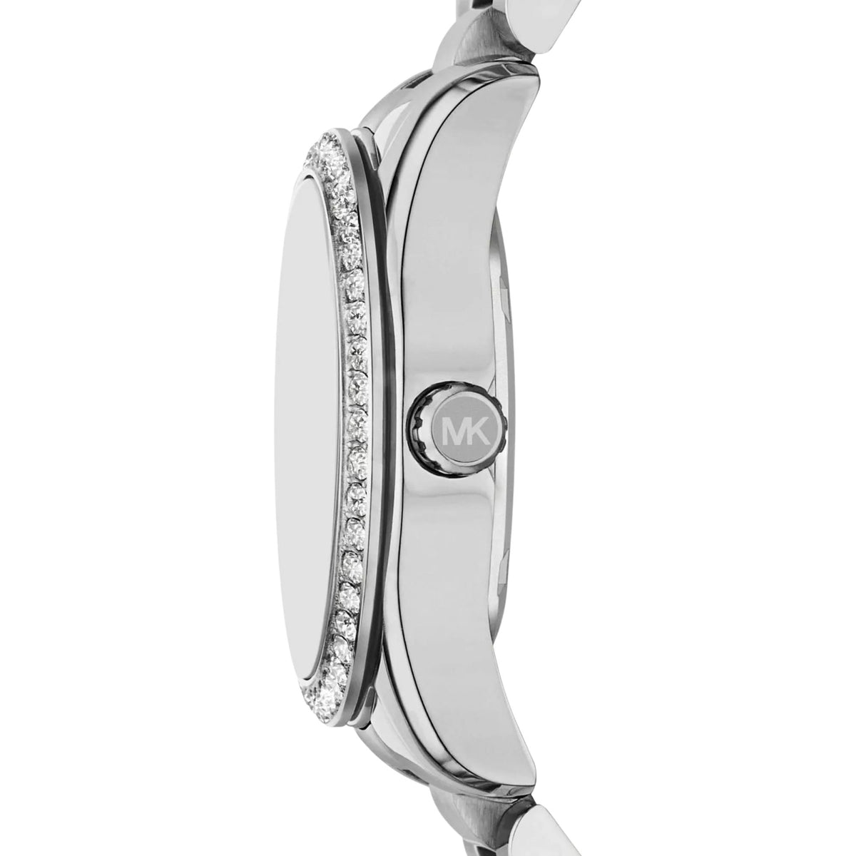 Michael Kors Lexington MK4979 pavé crystal bezel and engraved MK crown side profile view