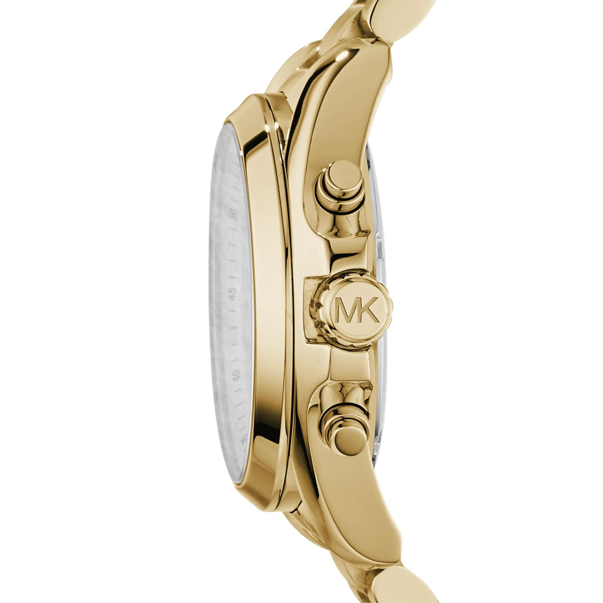 Michael Kors Bradshaw MK5739 gold-tone crown and pushers side profile detail