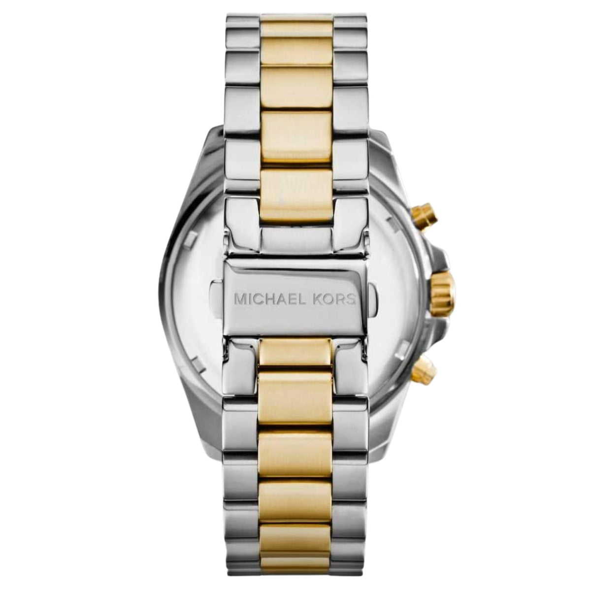 Michael Kors Bradshaw MK5976 stainless steel case back and two tone bracelet clasp close up