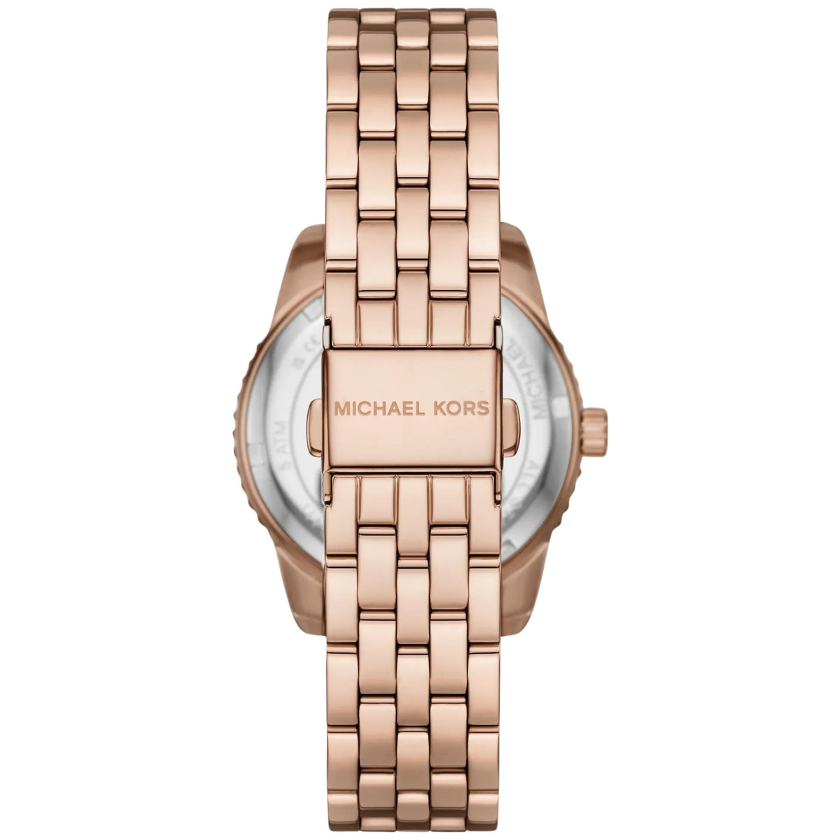 Michael Kors Bryant MK7541 steel bracelet case back and engraved clasp detail