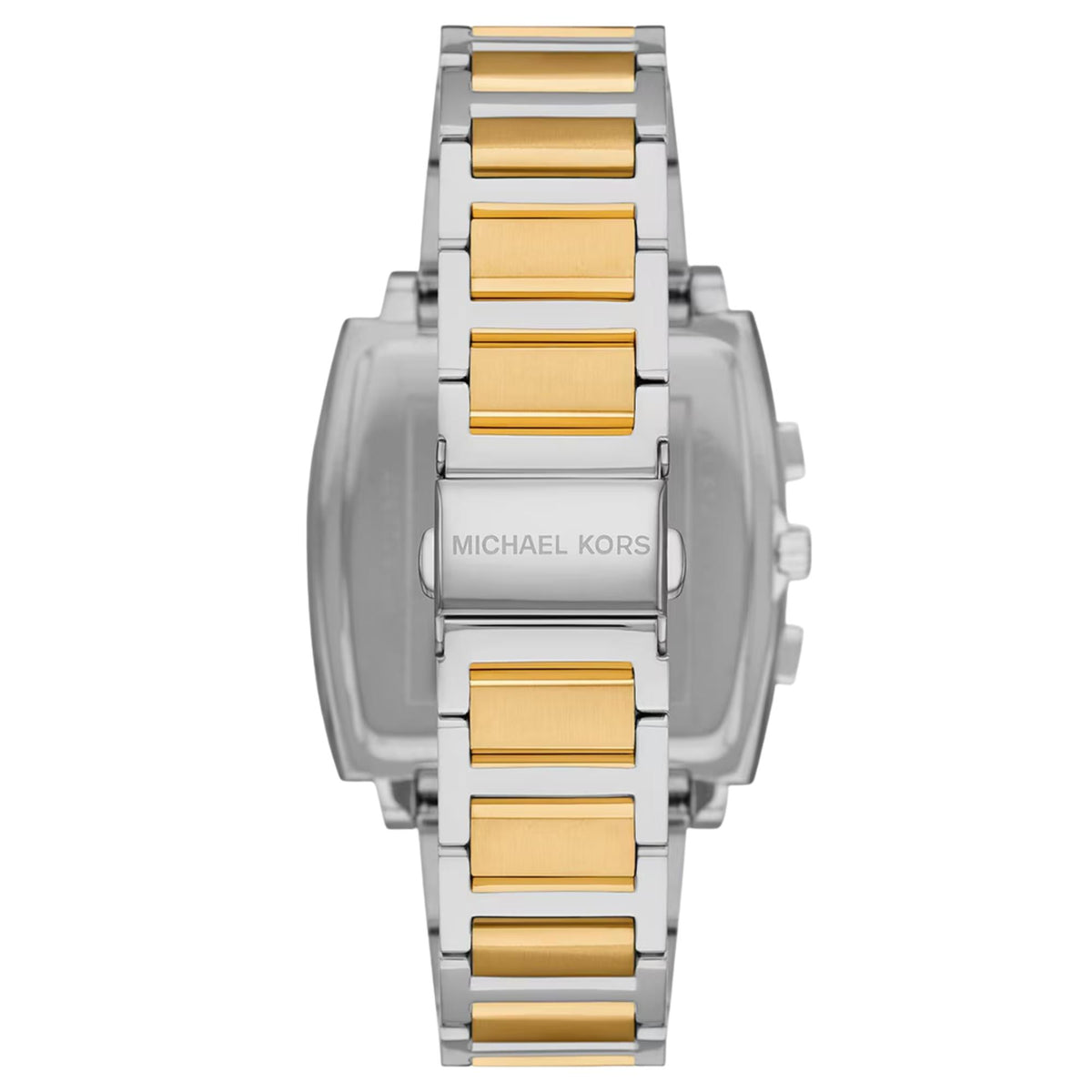 Michael Kors Rhys MK9240 silver and gold link bracelet engraved clasp back view