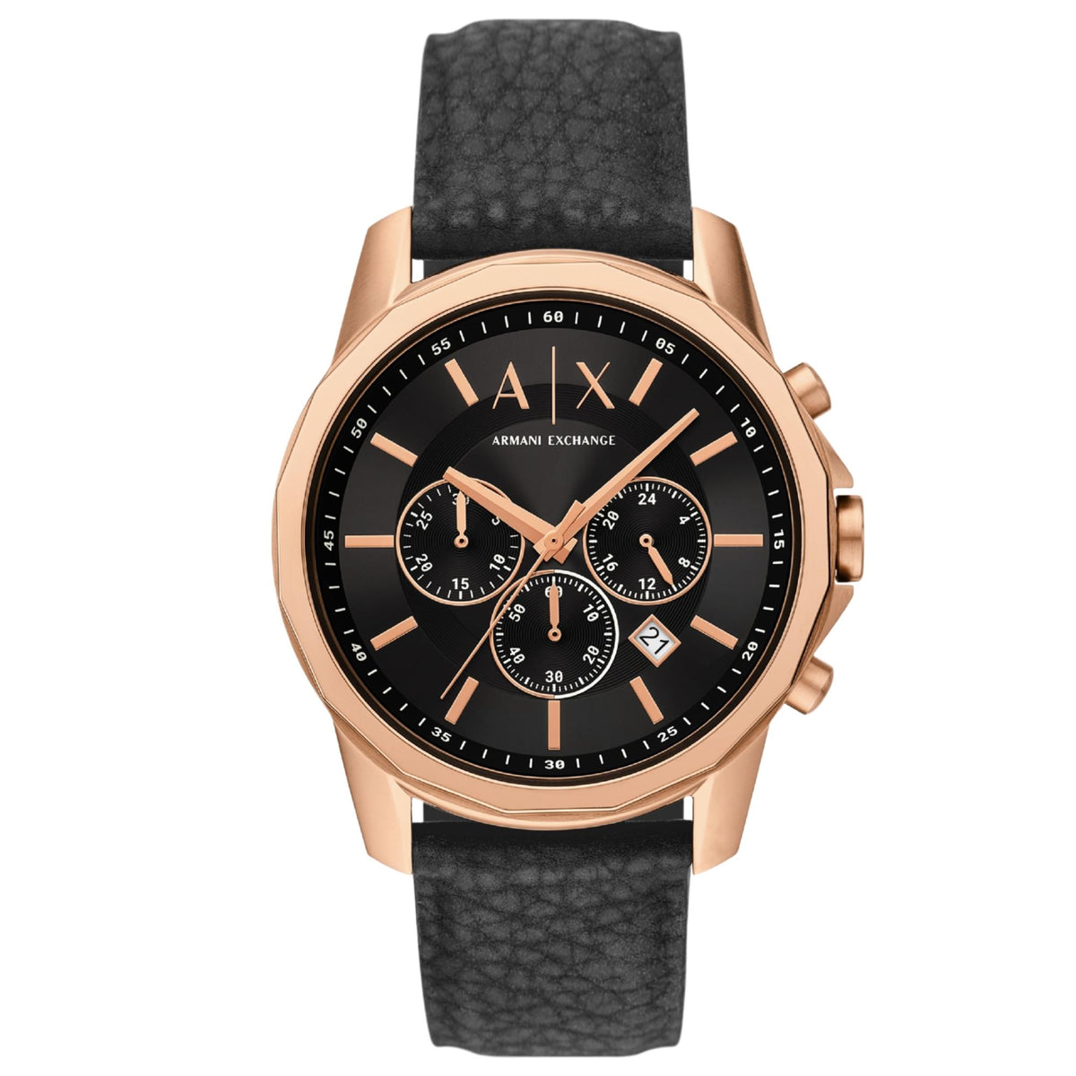 Rose gold chronograph watch with black dial and black rubber strap