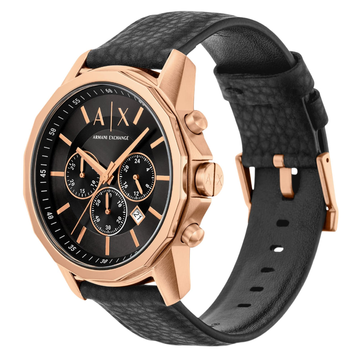 Rose-gold chronograph watch with black dial and black textured rubber strap, angled view