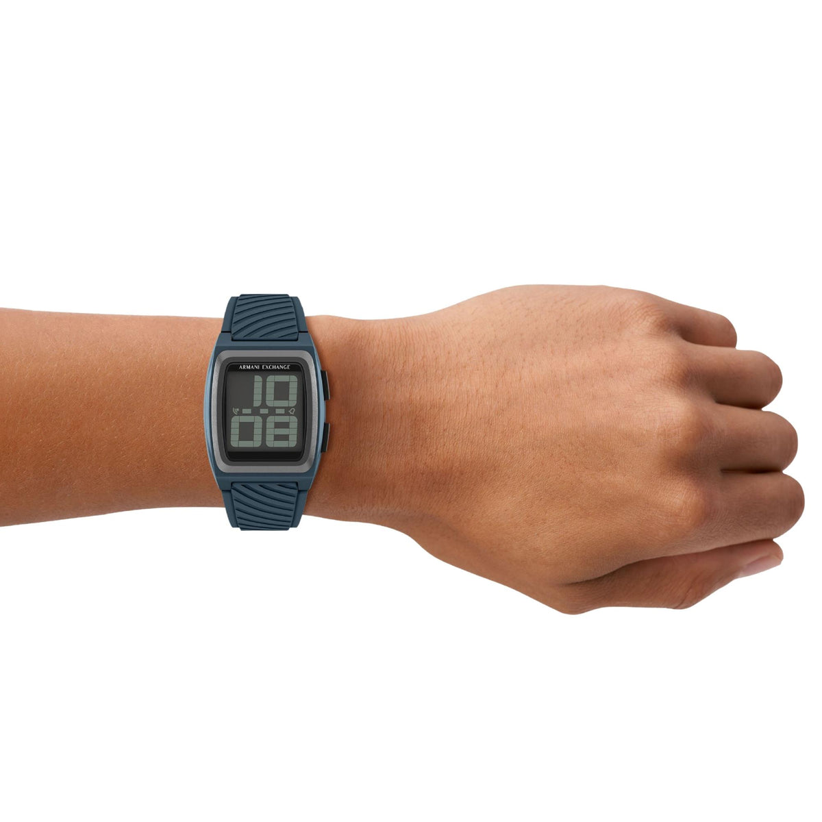 Men's digital quartz watch with navy silicone strap and LCD time display on wrist