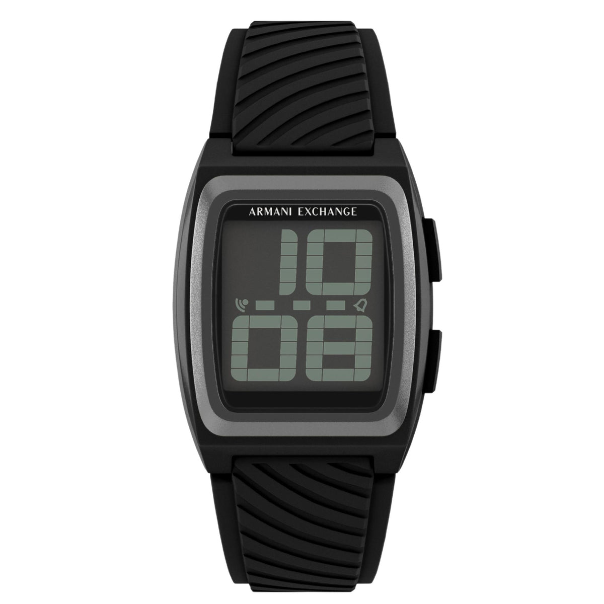 Armani Exchange Kelvin AX2971 front view displaying rectangular digital screen with textured silicone strap