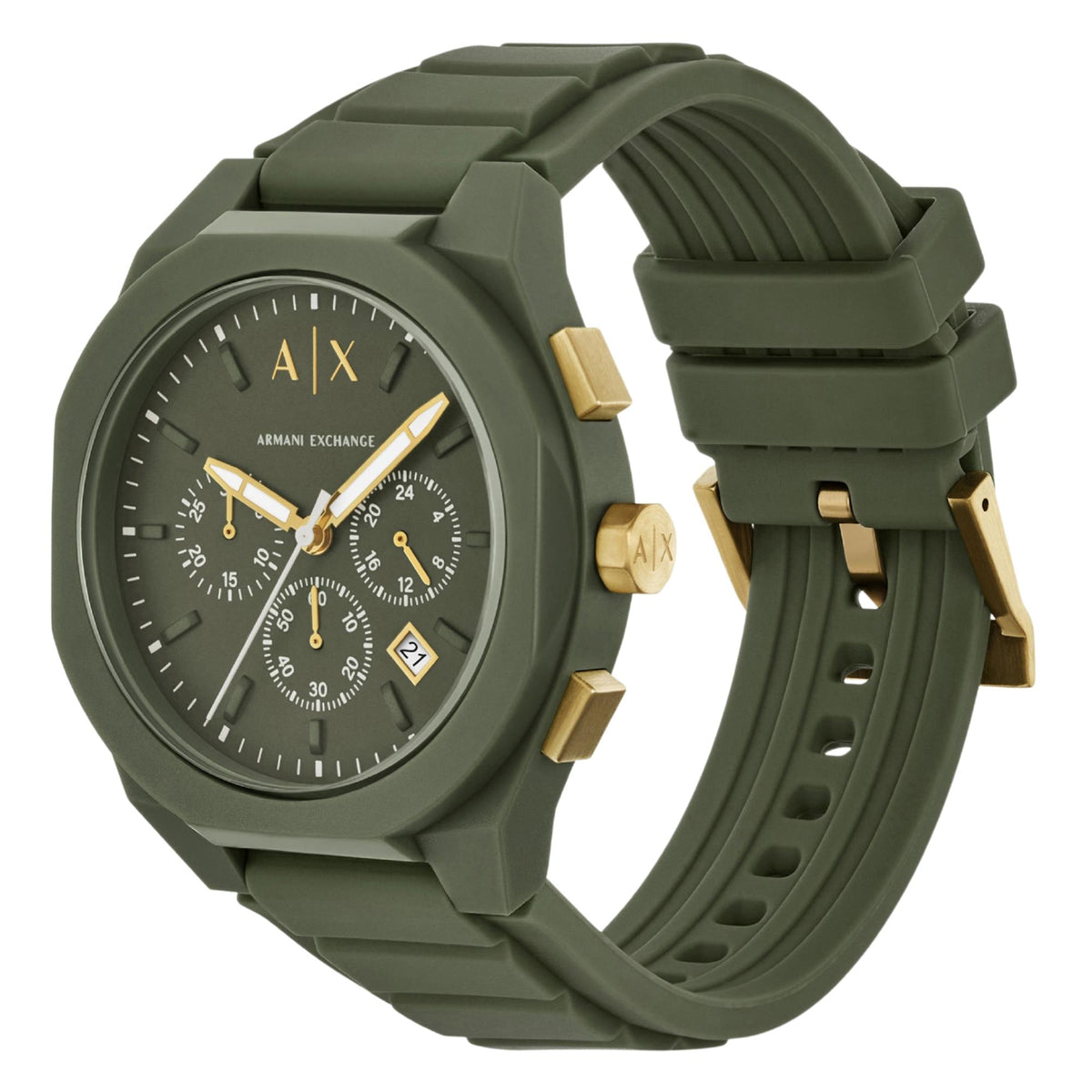 Green chronograph watch with silicone strap, gold pushers, and three subdials