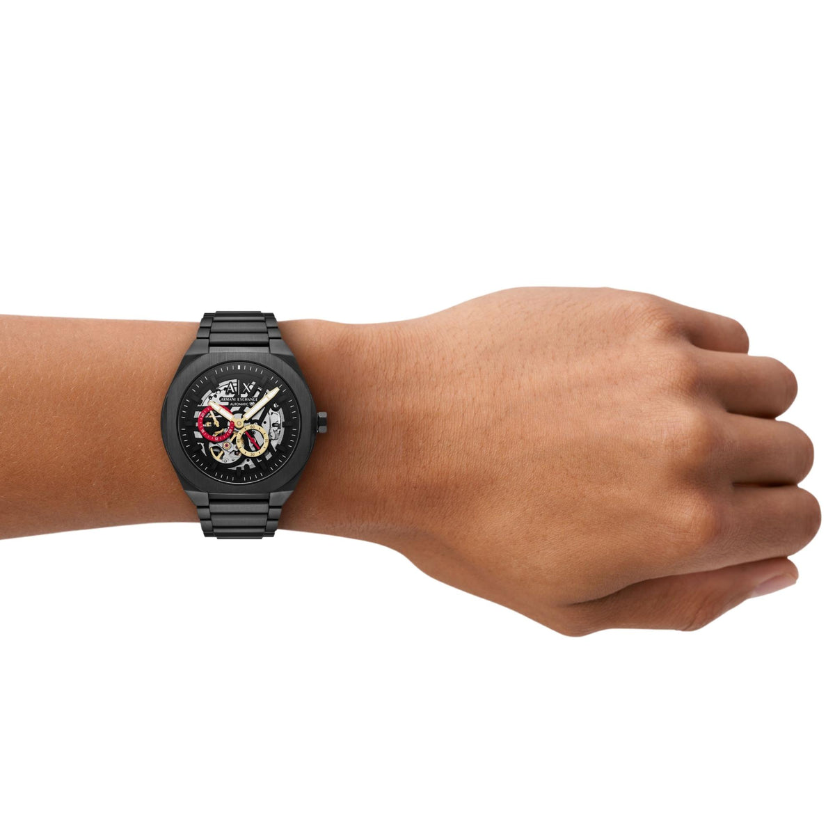 Armani Exchange Sync AX4196 lifestyle perspective on wrist showing skeleton black dial mens watch
