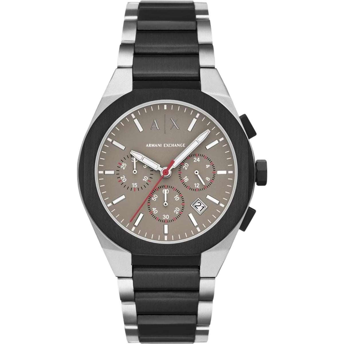 Brown dial chronograph quartz watch with black rubberized accents, steel bracelet