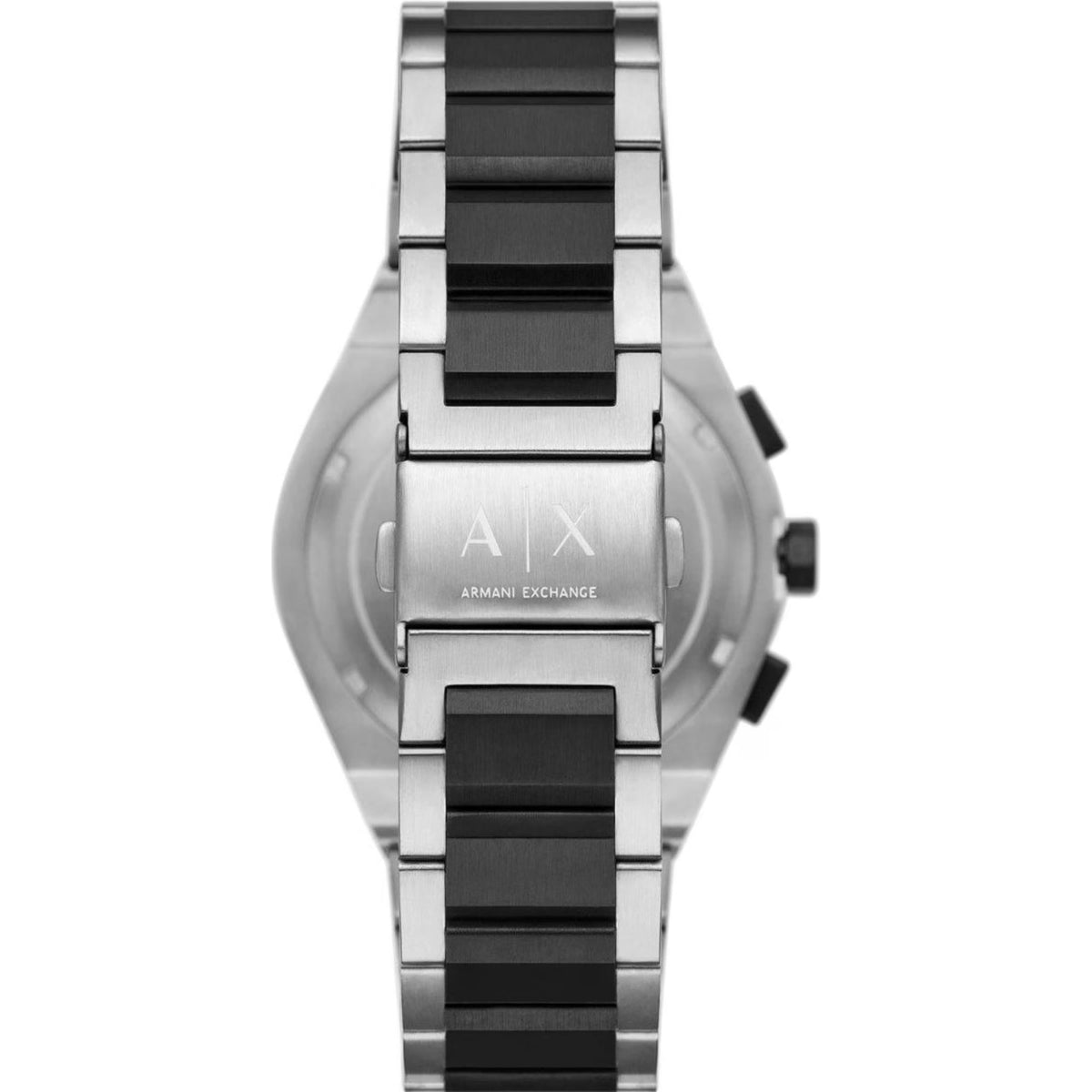 Steel chronograph watch clasp and case, black dial details, link bracelet