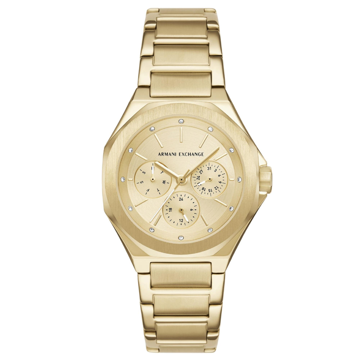 Gold-tone stainless steel chronograph watch with champagne dial and rhinestone markers