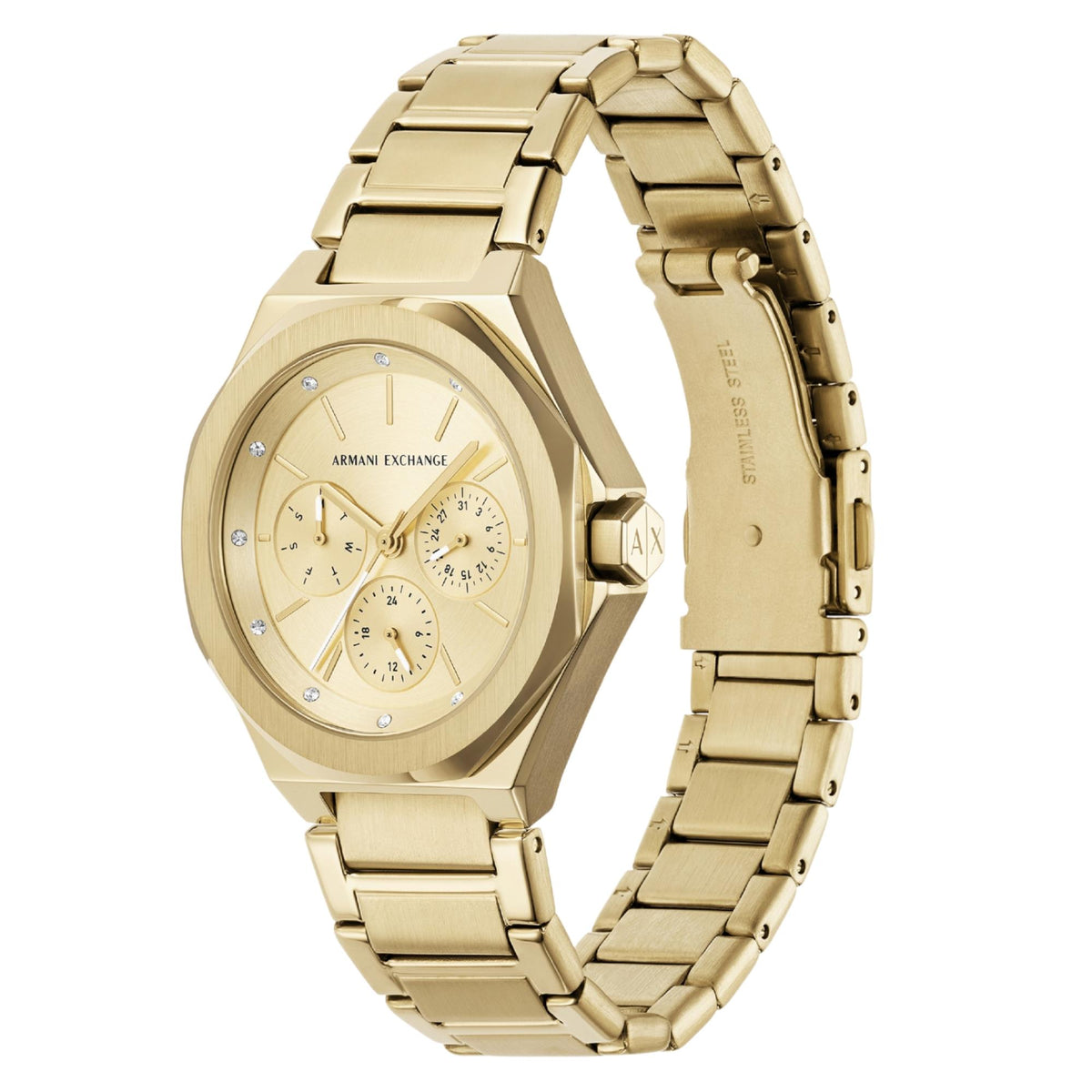 Gold-tone bracelet chronograph watch, side view with champagne subdials