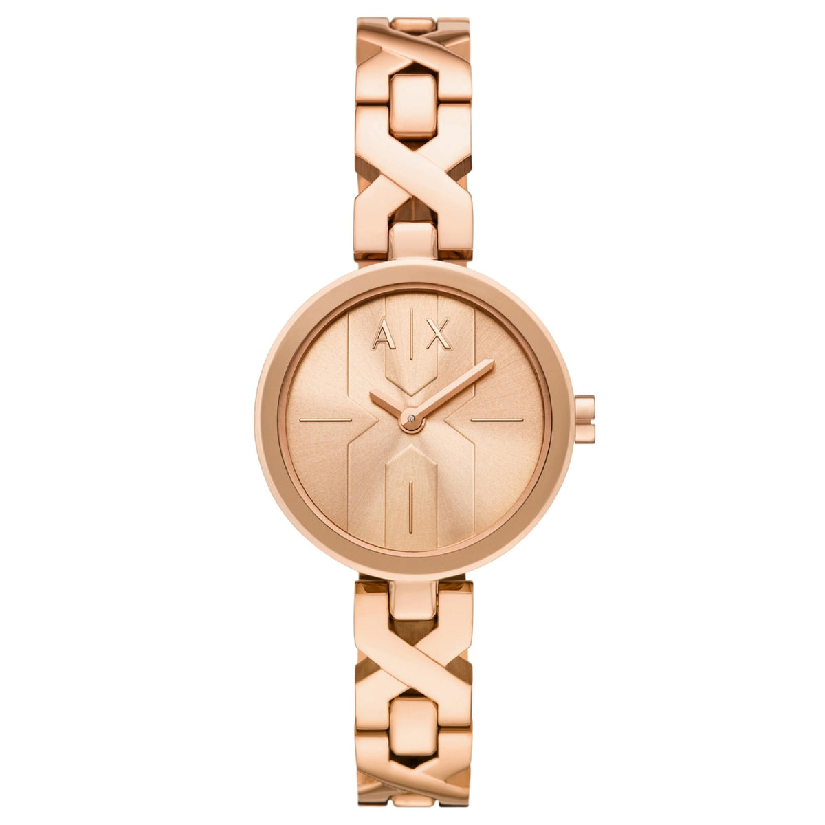 Rose gold dial steel quartz watch with AX emblem and linked bracelet