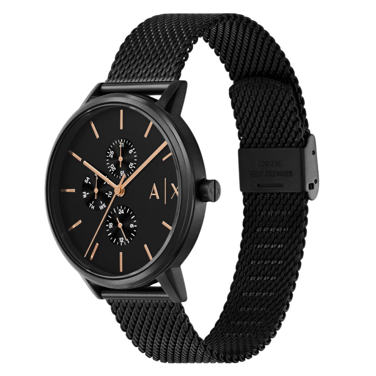 Black dial chronograph quartz watch with black mesh bracelet strap