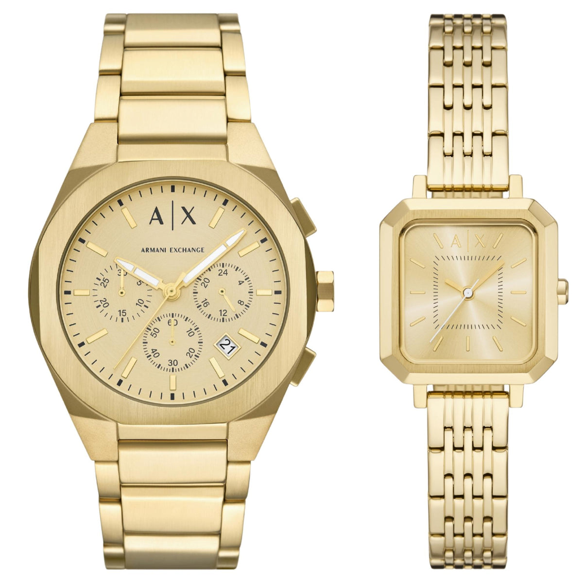 Gold-tone couple quartz watch set, round chronograph dial, link bracelet, A|X logo