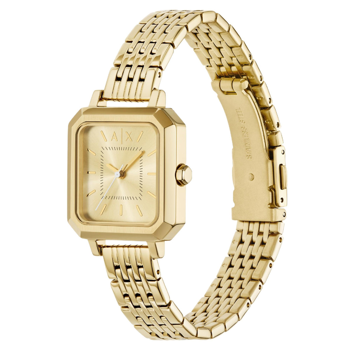 Gold-tone rectangular quartz watch, cream dial, textured link bracelet, A|X logo