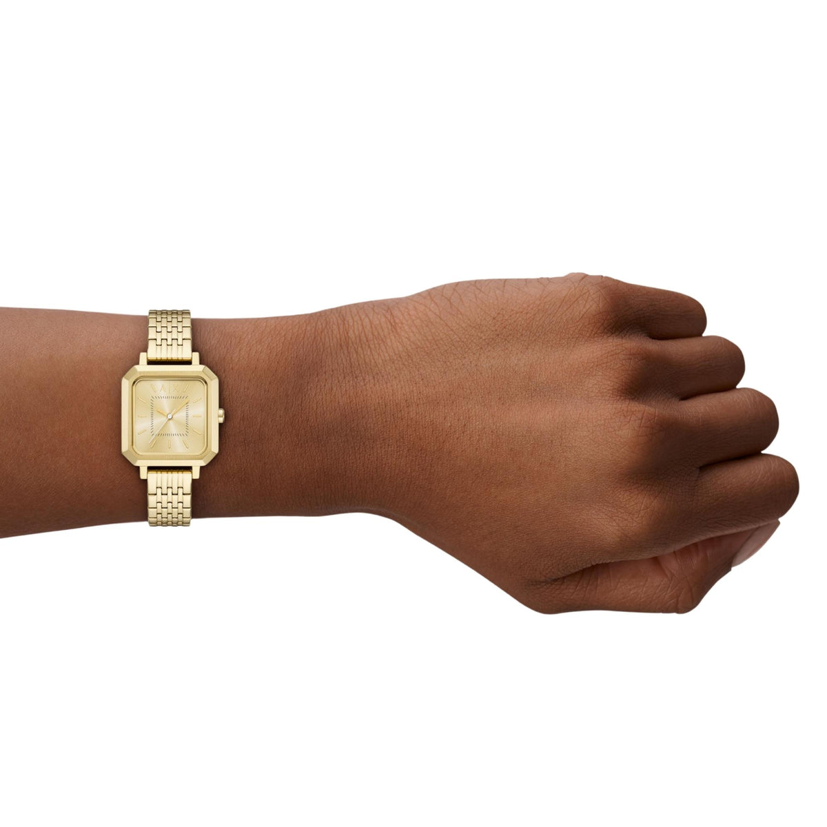 Gold-tone rectangular quartz watch on wrist, cream dial, metal link bracelet