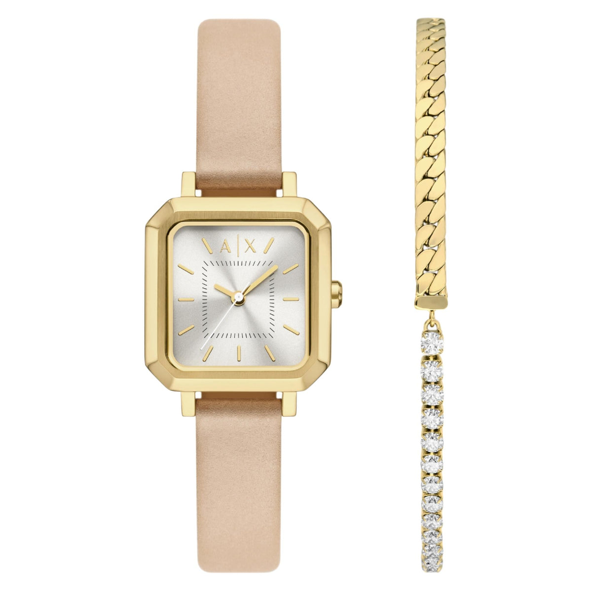 Square gold-tone quartz watch with beige leather strap and diamond-look rhinestone bracelet