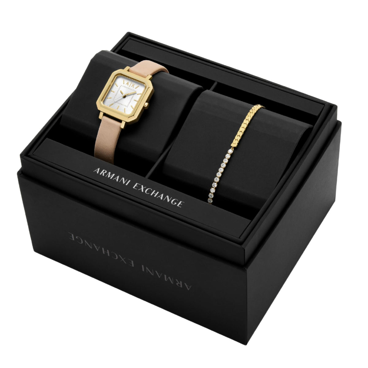 Watch set in box: square gold-tone quartz watch with beige strap and rhinestone bracelet