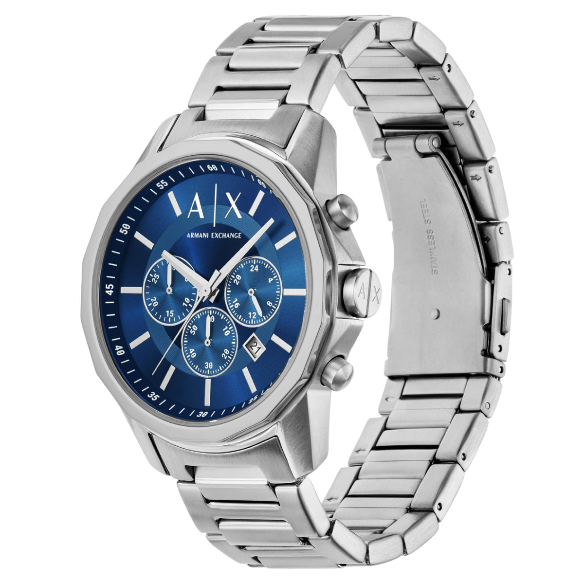 Round stainless steel quartz watch with blue dial and chronograph-style subdials