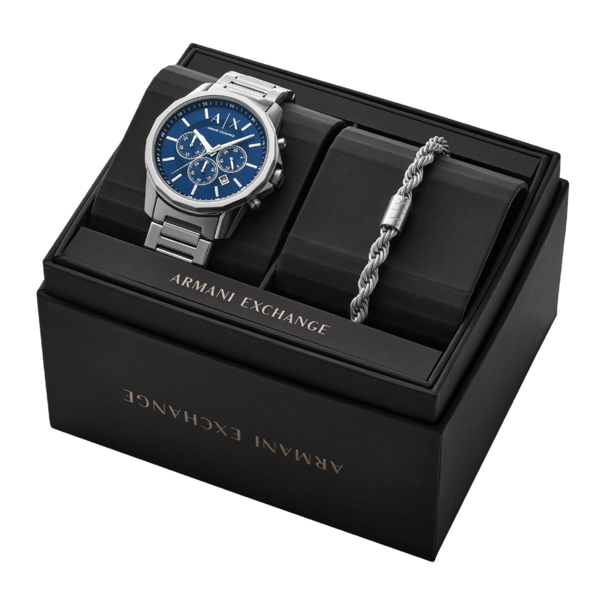 Men’s quartz watch set in black box with blue dial and stainless steel bracelet