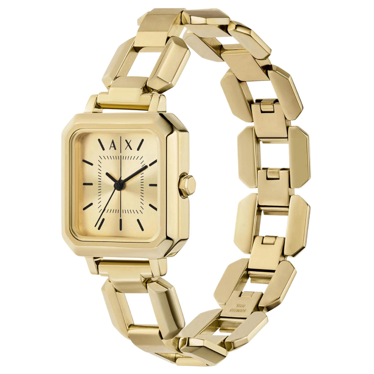 Gold-tone square quartz watch with black indices and linked stainless steel band