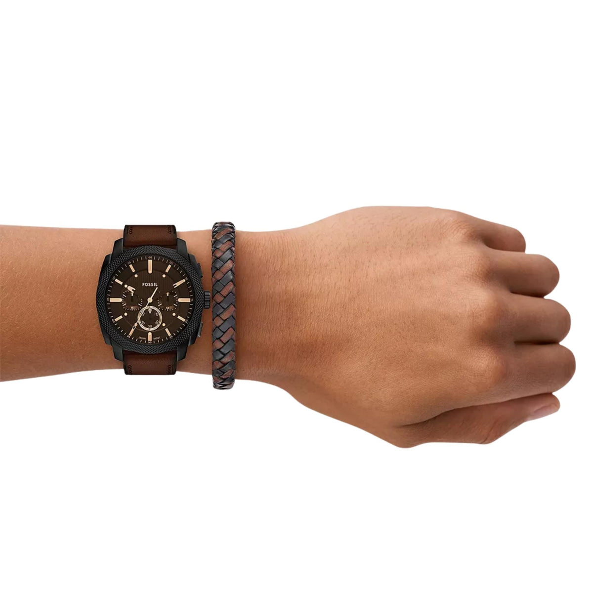 Men's chronograph quartz watch on wrist with brown leather strap and braided band